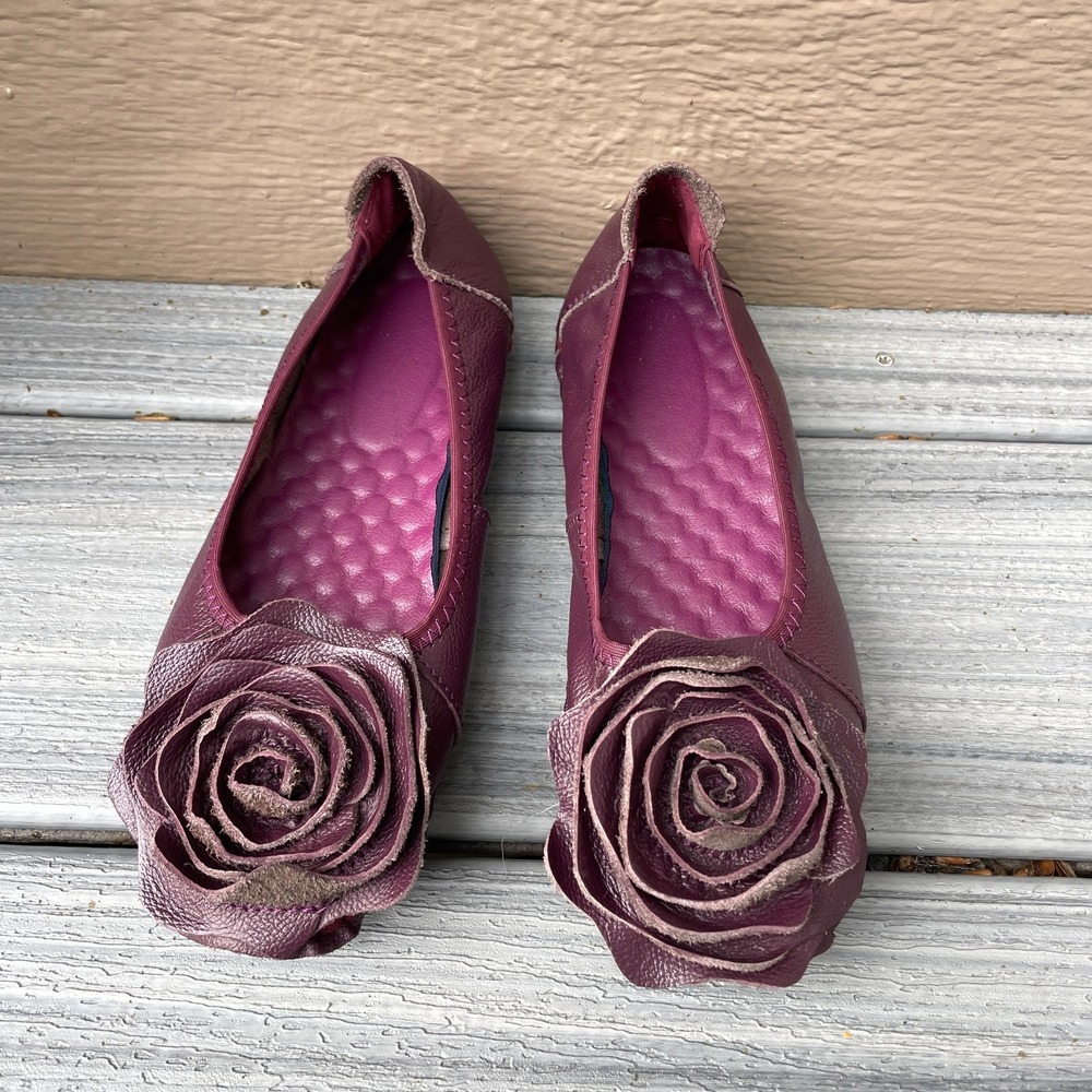 Leather rose rosette Handcrafted Ballet Flats Women's Size 35/US5 Purple Flex